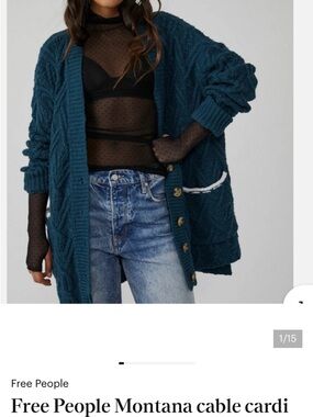 Free People Chunky Cable Cardigan in Teal Blue